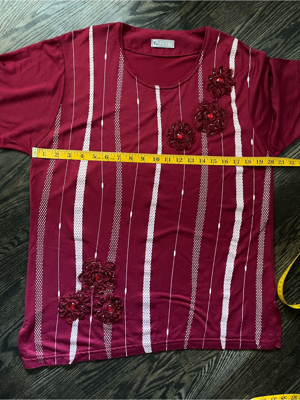 Fendi Wine Red Short Sleeve Top Floral Appliqués White Stripes Relaxed Fit - Picture 4 of 5